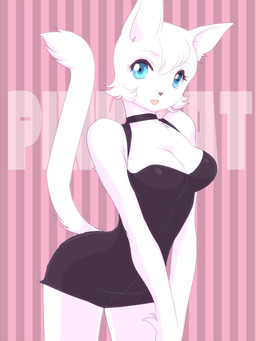 abstract_background anthro big_breasts biped blue_eyes breasts cleavage clothed clothing dress eyebrows eyelashes female fur hair looking_at_viewer open_mouth open_smile pattern_background pink_background pink_body pink_fur pink_hair pink_tongue raised_tail short_hair simple_background slim smile solo standing striped_background tail tongue seth_yagisaka bagi_the_monster_of_mighty_nature osamu_tezuka bagi cougar felid feline mammal 3:4