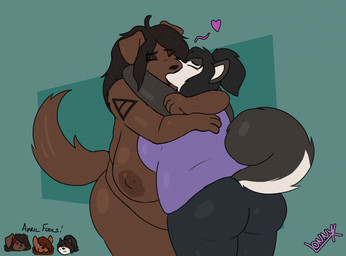 4_fingers anthro big_breasts black_hair black_nose bottomwear breasts brown_body brown_fur brown_nipples butt clothed clothing duo eyebrows female female/female female_kissing_female fingers fur green_background hair hands_behind_back heart_symbol huge_breasts making_out multicolored_body multicolored_fur nipples overweight overweight_anthro overweight_female pants shirt simple_background standing topwear white_body white_fur lonnyk kayla_(lonnyk) sonia_(lonnyk) canid canine canis domestic_dog husky mammal nordic_sled_dog spitz hi_res
