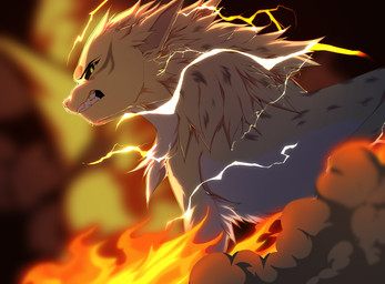 action_pose angry bared_teeth black_sclera electricity explosion facial_markings feral fire fur head_markings lightning lightning_bolt markings open_mouth pose profile quadruped side_view smoke solo spots spotted_body spotted_fur teeth text yellow_body yellow_eyes yellow_fur shyryp nintendo pokemon canid canine canis eeveelution felid feline felis generation_1_pokemon generation_2_pokemon hybrid jolteon mammal pokemon_(species) digital_media_(artwork) english_text hi_res