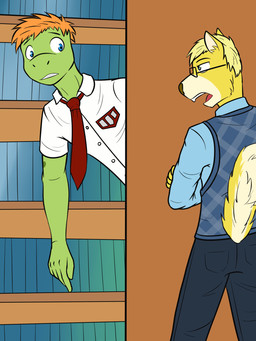 accessory anthro blonde_hair book bookshelf bottomwear clothed clothing duo eyewear furniture glasses hair male male/male necktie orange_hair pants shirt size_difference sweater topwear fuze blaise_(fuze) jeremy_(fuze) amphibian frog mammal rodent sciurid tree_squirrel 2018 3:4 hi_res