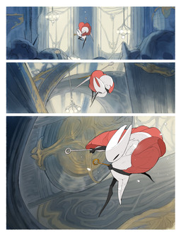 anthro biped black_body black_eyes carrying_another cloak clothing detailed_background duo empty_eyes female female_anthro female_humanoid holding_another hornet's_needle mouthless red_cloak red_clothing unconscious white_body darkdog hollow_knight:_silksong hollow_knight_(franchise) team_cherry hornet_(hollow_knight) lace_(hollow_knight:_silksong) arthropod humanoid 2025 absurd_res comic digital_drawing_(artwork) digital_media_(artwork) hi_res