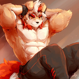 anthro bottomless bottomwear clothed clothing countershading exercise flexing flexing_bicep flexing_both_biceps male muscular muscular_anthro muscular_male pants sit-up solo workout waddledox arknights hypergryph studio_montagne hung_(arknights) canid canine canis domestic_dog mammal 1:1 2020 absurd_res hi_res