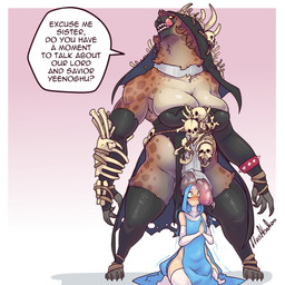 anatomically_correct anatomically_correct_genitalia animal_genitalia anthro biped claws clothed clothed_anthro clothed_human clothing duo feet female female/female fingers front_view fur genitals hair kneeling pseudo-penis spots standing teeth text toes tongue lluisabadias gnoll human hyena mammal 1:1 2026 absurd_res digital_drawing_(artwork) digital_media_(artwork) english_text hi_res