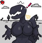 anthro big_breasts black_body breasts cactus cloud curvy_figure desert emanata empty_eyes exclamation_point featureless_breasts female front_view hands_out jagged_mouth navel non-mammal_breasts non-mammal_navel plant solo standing tail voluptuous wifi honeyduckart google google_chrome dinosaur_(google_chrome) dinosaur prehistoric_species reptile scalie theropod greyscale monochrome partially_colored watermark