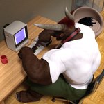 2_horns 5_toes anthro arm_hair beard bell bell_collar biceps black_body black_fur body_hair bottomwear brown_body brown_clothing brown_footwear brown_fur brown_sandals cat_bed chair clothing coffee_mug collar computer desk electronics facial_hair feet feral footwear forearm_muscles fur furniture glass_case green_bottomwear green_clothing green_shorts hair hat headgear headwear high-angle_view horn inside keyboard leg_lick licking male monitor muscular muscular_anthro muscular_male office_chair on_chair pet_bed red_clothing red_hat red_headwear sandals shoes shorts sitting sitting_on_chair solo stretching table toes tongue typing wall_(structure) white_hair wood wood_desk wood_furniture barbas_thornhide commodore_64 commodore_international barbas_thornhide_(character) bovid bovine cattle domestic_cat felid feline felis mammal 1:1 2020 3d_(artwork) digital_media_(artwork) hi_res