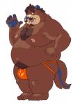 anthro belly blue_nose blush body_hair chest_hair clothing facial_hair jockstrap male moobs mustache navel nipples overweight overweight_anthro overweight_male pubes solo underwear bluewhale127 grizzly_(grizzlykuma) bear canid canine canis hybrid mammal wolf 2019 hi_res