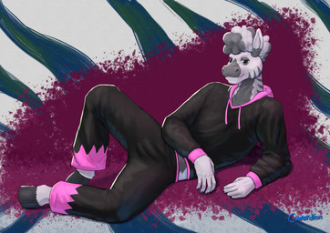 5_fingers abstract_background anthro clothed clothing curly_hair fingers hair hooves lying male solo unlucky_gemini cowardlion danni equid equine mammal zebra absurd_res hi_res