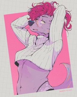 anthro arms_above_head belly breasts clothing covered_breasts crop_top crop_top_overhang eyebrows eyewear female fur glasses glowing glowing_body glowing_fur glowing_hair hair looking_at_viewer midriff navel pink_background purple_body purple_fur red_hair round_glasses shirt simple_background slightly_chubby solo tail topwear under_boob vitiligo white_clothing white_topwear andre_moraph andre_moraph_(character) canid canine canis mammal wolf 2026 4:5 absurd_res colored digital_media_(artwork) half-length_portrait hi_res line_art portrait signature