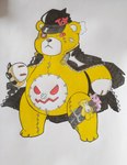 angry anthro bancho clothing eye_patch eyewear fist fur hat headgear headwear long_coat male plushie red_eyes scar solo stitch_(sewing) teddy_bear yellow_body yellow_fur alvesweyvini bandai_namco digimon digimon_(species) monzaemon traditional_media_(artwork)