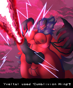 anthro balls big_balls big_breasts big_penis breasts crossed_arms genitals gynomorph huge_balls huge_breasts huge_penis intersex knot knotted_penis laser penis solo aliceub nintendo pokemon avian bird generation_6_pokemon legendary_pokemon pokemon_(species) yveltal hi_res