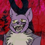 anthro anthrofied double_breasted_suit feline_ears fur purple_body purple_fur red_background simple_background solo yellow_eyes nastycat fear_and_hunger pocketcat_(fear_&_hunger) animal_humanoid domestic_cat felid felid_humanoid feline felis humanoid mammal mammal_humanoid hi_res