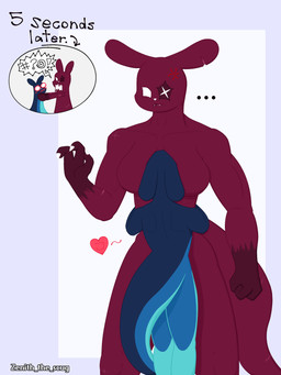 ambiguous_gender angry anthro big_breasts big_ears big_tail blush blush_lines breasts censored_text claws cross-popping_vein directional_arrow duo ears_back ears_down ellipsis eye_scar eyelashes facial_scar fangs female female/ambiguous fist heart_symbol hug hugging_another larger_female multicolored_body muscular muscular_anthro muscular_female narrowed_eyes notched_ear open_mouth pivoted_ears scar shocked size_difference symbol tail tail_coil teeth text thick_thighs time_skip white_eyes wide_eyed zenith_the_scug rain_world videocult artificer_(rain_world) inv_(rain_world) slugcat 2026 3:4 absurd_res artist_name english_text hi_res signature