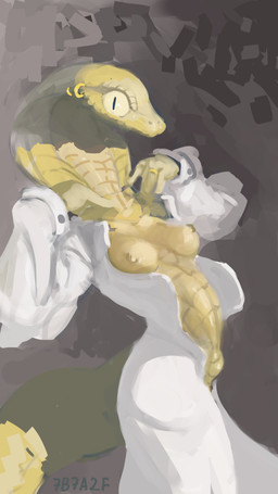 anthro breasts clothed clothed_anthro clothed_female clothing digit_ring female female_anthro finger_ring humanoid_hands jewelry nipples open_clothing open_topwear partially_clothed partially_clothed_anthro partially_clothed_female pupils scales side_view simple_background slit_pupils solo tail text topwear white_clothing yellow_body yellow_scales 7b7a2f reptile scalie snake 2024 absurd_res artist_name digital_media_(artwork) hi_res