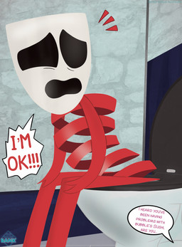 anthro bathroom drama_mask embarrassed exclamation_point female mask pooping ribbons ribbons_(anatomy) solo talking_to_another toilet toilet_use yelling_at_another thedispenser69 glitch_productions the_amazing_digital_circus gangle_(tadc) animate_inanimate fabric_creature living_mask absurd_res hi_res