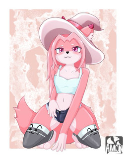 anthro bent_legs bottomwear bulge clothing crop_top daisy_dukes denim denim_bottomwear denim_clothing denim_shorts femboy footwear hair hat headgear headwear hotpants jeans male pants pink_body pink_eyes pink_hair shirt shorts simple_background socks solo topwear unbuttoned_shorts witch_hat amoni_(artist) animal_humanoid canid canine fox humanoid mammal better_version_at_source