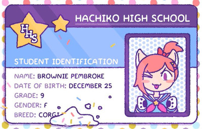 accessory anthro asian_clothing blush blush_stickers bow_ribbon clothing east_asian_clothing female frosting fur hair_accessory hair_bow hair_ribbon id_card japanese_clothing japanese_school_uniform looking_at_viewer one_eye_closed ribbons school_uniform serafuku solo sprinkles standing tan_body tan_fur text tongue tongue_out uniform wink winking_at_viewer 90percentdenny 90_percent_studios purrfect_apawcalypse brownie_pembroke canid canine canis domestic_dog herding_dog mammal pastoral_dog welsh_corgi english_text