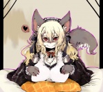 accessory anthro biped blonde_hair breasts canid canine chest_tuft clothing female frilly frilly_accessory frilly_hairband fur hair hair_accessory hairband looking_at_viewer lying maid_uniform mammal monokuro ribbons solo tail tuft uniform