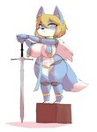 anthro big_breasts blonde_hair blue_body blue_fur blush blush_lines breasts doll doll_joints dwarfism female fur grey_eyes hair melee_weapon multicolored_body multicolored_fur nipples pasties pink_nipples short short_stack skimpy_dress solo sword thick_thighs two_handed_sword two_tone_body two_tone_fur weapon wide_hips wings zweihander borvar oethrus angel animate_inanimate canid canine fallen_angel living_doll mammal hi_res