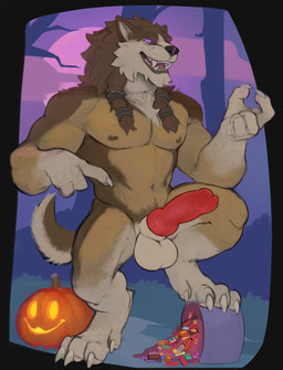 4_fingers animal_genitalia animal_penis anthro balls barazoku biceps big_penis brown_body brown_fur brown_hair candy canine_genitalia canine_penis claws dessert digitigrade erection fangs finger_claws fingers food fruit full_moon fur genitals glowing glowing_eyes hair holidays jack-o'-lantern knot knotted_penis male male_anthro moon muscular muscular_anthro muscular_male nipples nude one_leg_up open_mouth outside pawpads pecs penis plant pose pumpkin purple_eyes quads raised_leg red_penis sharp_teeth sheath solo standing tail teeth toe_claws tongue tree triceps notsophatmatt blizzard_entertainment halloween mythology warcraft canid canine mammal mythological_canine mythological_creature werecanid werecanine werecreature werewolf worgen 2025 absurd_res hi_res pinup