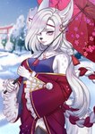 2023 5_fingers anthro breasts clothed clothing day detailed_background digital_media_(artwork) eyebrows eyelashes female fingers hair hi_res nitricacid outside pink_eyes sky snow solo white_hair