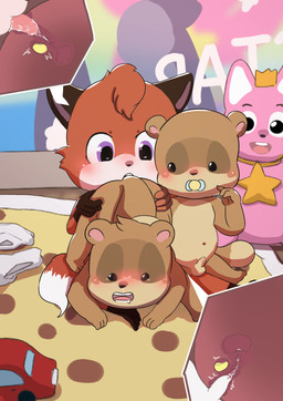anal anthro balls blush brown_body brown_fur detailed_background erection fur genitals group male male/male oral pacifier penis rimming sex sitting toddler young young_anthro tamaro canid canine fox mammal raccoon_dog tanuki 2021 absurd_res hi_res