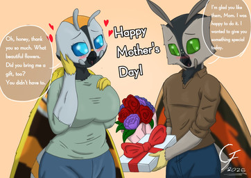 anthro blue_eyes breasts clothing female flower giftbox green_eyes holidays male male/female plant solo speech_bubble text wings overlord_gabriel mother's_day mothra_(series) toho mothra mothra_leo arthropod kaiju english_text hi_res mother_(lore) mother_and_child_(lore) mother_and_son_(lore) parent_(lore) parent_and_child_(lore) parent_and_son_(lore) son_(lore)