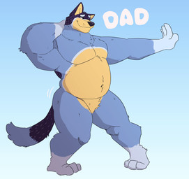anthro belly biped blue_background blue_body blue_fur dancing eyebrows featureless_crotch fur gradient_background hand_behind_head male musclegut muscular muscular_anthro muscular_male narrowed_eyes navel nude null overweight overweight_anthro overweight_male pecs simple_background smile solo standing tail text thick_thighs tuft mosin bluey_(series) bandit_heeler australian_cattle_dog canid canine canis cattledog domestic_dog herding_dog mammal pastoral_dog 2023 absurd_res digital_drawing_(artwork) digital_media_(artwork) english_text hi_res