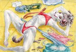 anthro clothing female happy lingerie lying lying_on_ground mammal mustelid musteline on_back small_waist solo tail thin_tail tools true_musteline weapon weasel zina