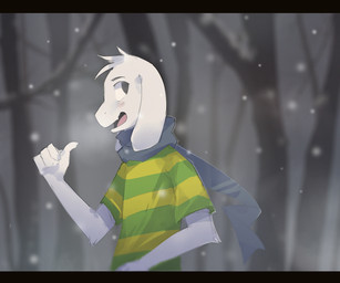4_fingers ambiguous_gender anthro breath clothed clothed_anthro clothing dead_tree detailed_background fingers fur gesture green_clothing green_shirt green_t-shirt green_topwear hand_gesture head_tuft multicolored_clothing multicolored_shirt multicolored_t-shirt multicolored_topwear open_mouth open_smile pattern_clothing pattern_shirt pattern_t-shirt pattern_topwear plant scarf shirt side_view smile snow solo striped_clothing striped_shirt striped_t-shirt striped_topwear stripes t-shirt thumbs_up topwear tree tuft two_tone_clothing two_tone_shirt two_tone_t-shirt two_tone_topwear white_body white_fur yellow_clothing yellow_shirt yellow_t-shirt yellow_topwear young young_anthro notglacier undertale undertale_(series) asriel_dreemurr boss_monster_(undertale) bovid caprine goat mammal 2015 6:5 absurd_res digital_drawing_(artwork) digital_media_(artwork) english_description half-length_portrait hi_res portrait male_(lore)