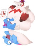 ambiguous_gender anthro belly big_belly biped blush duo dynamax eyes_closed navel simple_background smile rokacake nintendo pokemon generation_2_pokemon generation_3_pokemon pokemon_(species) totodile zangoose 2022 digital_media_(artwork) hi_res