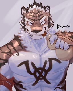 anthro armband black_markings black_stripes brown_body brown_fur chest_markings claws closed_smile container cork countershade_arms countershade_face countershade_fur countershade_hands countershade_neck countershade_torso countershading eyebrows fangs finger_claws front_view fur furrowed_eyebrows gourd grey_background holding_container holding_gourd holding_object male markings mouth_closed mouth_hold multicolored_body multicolored_fur muscular muscular_anthro muscular_male neck_tuft nude nude_anthro nude_male object_in_mouth simple_background smile smiling_at_viewer solo striped_arms striped_torso stripes teeth text toothy_grin tuft two_tone_body two_tone_fur white_body white_countershading white_eyebrows white_sclera kuromonsart felid mammal pantherine tiger 2022 absurd_res artist_name colored dated digital_drawing_(artwork) digital_media_(artwork) english_text half-length_portrait hi_res portrait