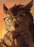 ambiguous_gender anthro beak brown_beak brown_body brown_eyes brown_feathers cheek_tuft eyewear facial_tuft feathers front_view glasses gradient_background head_tuft looking_at_viewer no_pupils open_mouth orange_sclera simple_background solo tuft santanahoffman avian bird owl bust_portrait hi_res portrait