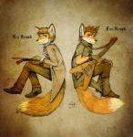 abstract_background anthro blue_eyes clothed clothing countershading duo fiddle fingerless_gloves gloves guitar handwear male musical_instrument musician plucked_string_instrument purple_eyes string_instrument tatujapa canid canine fox mammal hi_res shaded brother_(lore) brothers_(lore) sibling_(lore)