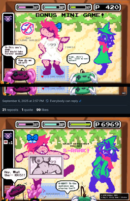 accessory assisted_exposure blue_bow blush blush_lines bodily_fluids boots bow_ribbon bracelet breasts camera clothing controller dialogue erection eyewear female footwear freckles gaming genitals glasses green_clothing green_hat green_headwear green_robe hair_accessory hair_bow hair_ribbon hat headgear headwear hidden_eyes hud jewelry magenta_hair meta nipples oversized_clothing oversized_shirt oversized_topwear pink_body playing_video_game ribbons robe shirt shoes spiked_bracelet spikes strip_game sweat t-shirt text topwear vulva white_clothing white_shirt white_t-shirt white_topwear frist44 deltarune senftember senftember2025 undertale_(series) hero_axe_(deltarune) hero_scarf_(deltarune) ralsei susie_(deltarune) bovid caprine dinosaur goat mammal monster prehistoric_species reptile scalie 2025 absurd_res comic digital_media_(artwork) english_text hi_res pixel_(artwork)