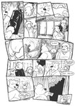 2007 angry anthro anthro_on_anthro bathroom bear blush bottomwear caesarcub clothing comic dialogue english_text erection facial_hair genitals group male male/male mammal monochrome overweight overweight_male pants penis shirt speech_bubble story story_in_description text topwear