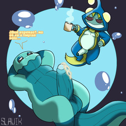 animal_genitalia anthro belly beverage big_penis blue_body bodily_fluids clothing coffee duo erection genital_fluids genital_slit genitals green_body humanoid_genitalia male pajamas penis penis_size_difference precum relaxed_expression relaxing size_difference slightly_chubby underwater water slavik. jeremy_(plushtrapboyuwu) jerry_(plushtrapboyuwu) aquatic cetacean fish mammal whale 1:1 hi_res