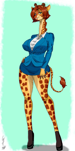 5_fingers anthro big_breasts blazer blue_eyes bottomwear breasts brown_hair clothed clothing collared_shirt dress_shirt eyebrow_through_hair eyebrows eyelashes female fingers footwear fully_clothed fur hair half-closed_eyes hand_on_hip high_heels horn long_neck looking_at_viewer markings miniskirt narrowed_eyes nipple_outline ossicone shirt shoes short_hair skirt small_waist smile solo spots spotted_body spotted_fur standing tail tail_tuft teeth topwear translucent translucent_hair tuft wide_hips yellow_body yellow_fur ghostinhood giraffe giraffid mammal 2025 absurd_res dated hi_res