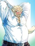 belly belt blonde_hair blush clothing dress_shirt eyewear glasses hair male musclegut muscular pecs raised_arms shirt solo topwear shimazanbagu lifewonders live_a_hero huckle animal_humanoid humanoid absurd_res hi_res