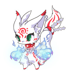 ambiguous_anthro ambiguous_gender anthro beaded_jewelry beaded_necklace beads blue_energy cheek_tuft chest_tuft chibi claws dipstick_ears ear_markings facial_tuft featureless_crotch front_view fur glowing_hands green_eyes inner_ear_fluff jewelry leg_markings long_tail magic markings multicolored_ears necklace purple_claws red_markings shide simple_background socks_(marking) spiral spiral_eyes standing tail tuft white_background white_body white_fur mukomizu_kintora canid canine deity fox fox_spirit mammal 2014 full-length_portrait portrait