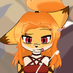 accessory anthro bodily_fluids clothed clothing crop_top cum cumshot ear_cuff ejaculation female front_view genital_fluids hair hair_accessory hairclip mischievous_smile ponytail pose red_eyes red_hair shirt simple_background smile solo tongue tongue_out topwear ty0masam rigby_the_cat naria_(narezka) canid canine fox mammal 1:1 digital_drawing_(artwork) digital_media_(artwork) meme portrait