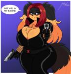 blush breasts cleavage clothed clothing cosplay dialogue female gun ranged_weapon solo text weapon jwinkz marvel black_widow_(marvel) zoey_(jwinkz) canid canine canis domestic_dog mammal english_text hi_res