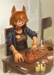 anthro beef biped blue_eyes brown_hair clothed clothing collar eating female food fur hair hi_res inside japanese_kobold knife mammal meat monster_girl_(genre) monster_musume nonobot polt_(monster_musume) sitting smile solo steak tongue tongue_out wristband