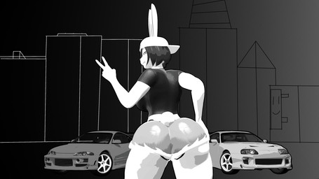 anthro bottomwear building car clothing denim denim_bottomwear denim_clothing denim_shorts female gesture gradient_background hand_gesture hat headgear headlight headwear shirt shorts simple_background small_waist solo t-shirt tail thick_thighs topwear v_sign vehicle wheel wide_hips bull3t rory_(mloobis) lagomorph mammal 16:9 3d_(artwork) 4k absurd_res digital_media_(artwork) hi_res monochrome widescreen