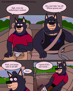 anthro balls black_body black_clothing black_outline black_shirt black_tank_top black_topwear bottomwear briefs brown_bottomwear brown_clothing brown_pants car_interior clothed clothing collared_shirt dialogue duo eyebrows facial_hair foreskin fur genitals grey_bottomwear grey_clothing grey_shorts inside_vehicle male muscular muscular_male mustache open_bottomwear open_clothing open_pants outline overweight pants penis polo_shirt pubes red_clothing red_shirt red_topwear shirt shorts speech_bubble tan_body tan_fur tank_top text thick_eyebrows tighty_whities topwear underwear undressing wet wet_clothing white_briefs white_clothing white_underwear eddicus edgar_(eddicus) joel_(eddicus) canid canine canis domestic_dog husky mammal nordic_sled_dog spitz absurd_res comic english_text hi_res brother_(lore) brothers_(lore) sibling_(lore)