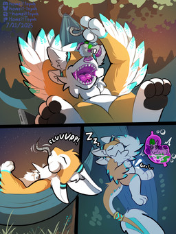 3_panel_comic accessory almost_fully_inside anthro anthro_focus anthro_pred black_pawpads digestion duo feathers feral feral_prey furgonomics gooey_digestion green_hair hair hammock inner_ear_fluff inside_stomach jewelry male male/male micro mohawk mouth_shot multi_ear open_mouth oral_vore orange_body orange_feathers outside pawpads plant purple_insides rat_tail sleeping slurping struggling struggling_prey swallowing tail tail_accessory tail_bracelet tail_jewelry tree tuft vore white_body white_feathers howzit_toyah runie_(avali) avali mammal murid murine rat rodent 3:4 comic hi_res