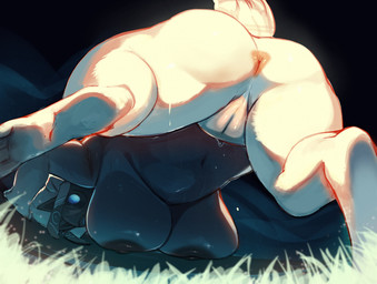 all_fours anthro anus big_breasts big_butt biped blue_eyes bodily_fluids breast_squish breasts butt female fur genitals huge_breasts kemono looking_at_viewer looking_back looking_back_at_viewer mask mask_only mature_female nude presenting presenting_hindquarters rear_view sagging_breasts short_tail solo squish sweat sweaty_breasts tail thick_thighs vulva wearing_mask white_body white_fur yurari_yr league_of_legends riot_games tencent kindred_(lol) lamb_(lol) bovid caprine mammal sheep hi_res