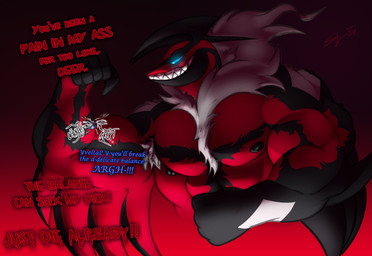 anthro bicep_crush big_muscles dialogue duo extreme_size_difference grin imminent_death macro male muscular muscular_male size_difference smile text ivore nintendo pokemon avian bird deer generation_6_pokemon legendary_pokemon mammal pokemon_(species) xerneas xerneas_(active_mode) yveltal english_text