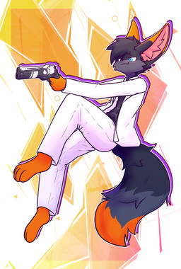 abstract_background anthro barefoot big_ears black_body black_clothing black_fur black_hair black_topwear blue_eyes bottomwear cheek_tuft clothed clothing dipstick_tail facial_tuft fangs feet fluffy fluffy_tail formal_wear fully_clothed fur grey_body grey_fur gun hair handgun holding_gun holding_object holding_ranged_weapon holding_weapon inner_ear_fluff male male_anthro markings multicolored_body multicolored_fur multicolored_tail orange_body orange_fur pants pistol ranged_weapon shirt simple_background smile solo suit tail tail_markings teeth toes topwear tuft weapon white_bottomwear white_clothing white_pants white_topwear neo_arts jarosfox_(jarosfox) canid canine canis mammal wolf absurd_res digital_media_(artwork) hi_res