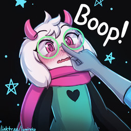 2_horns ambiguous_gender anthro biped blush blush_lines boop clothed clothing disembodied_hand duo eyewear floppy_ears fluffy fur glasses heart_symbol horn male male_anthro mostly_offscreen_human nose_boop onomatopoeia pink_eyes pink_horn scarf snout solo_focus sound_effects surprised text three-quarter_view wearing_glasses white_body white_fur lumineko deltarune undertale_(series) kris_dreemurr ralsei bovid caprine darkner goat human mammal half-length_portrait portrait