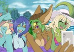 anthro beach blonde_hair blue_body blue_hair blue_skin breasts brown_body brown_fur cellphone electronics female fin fur green_body green_hair green_skin group hair one_eye_closed outside palm_tree phone plant red_eyes seaside tree trio wink yellow_eyes arctic-sekai mammal reptile scalie character_request hi_res